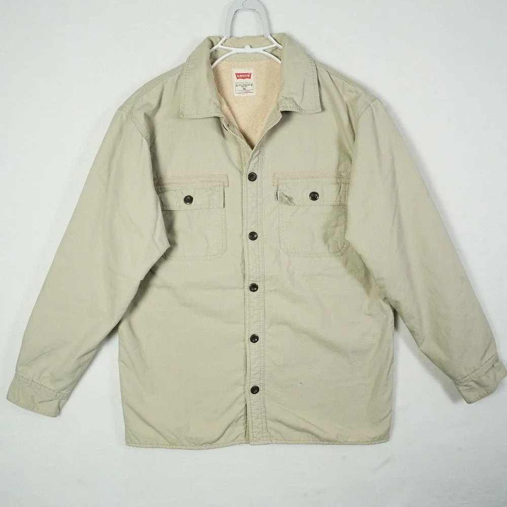 Levis Men's Sherpa Lined Utility Jacket Beige Medium Regular Fit Button‎ Front - Picture 2 of 9